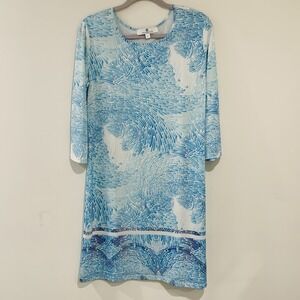 Jean Pierre Klifa Shift‎ Dress Size Large Blue White Watercolor Cruise Coastal